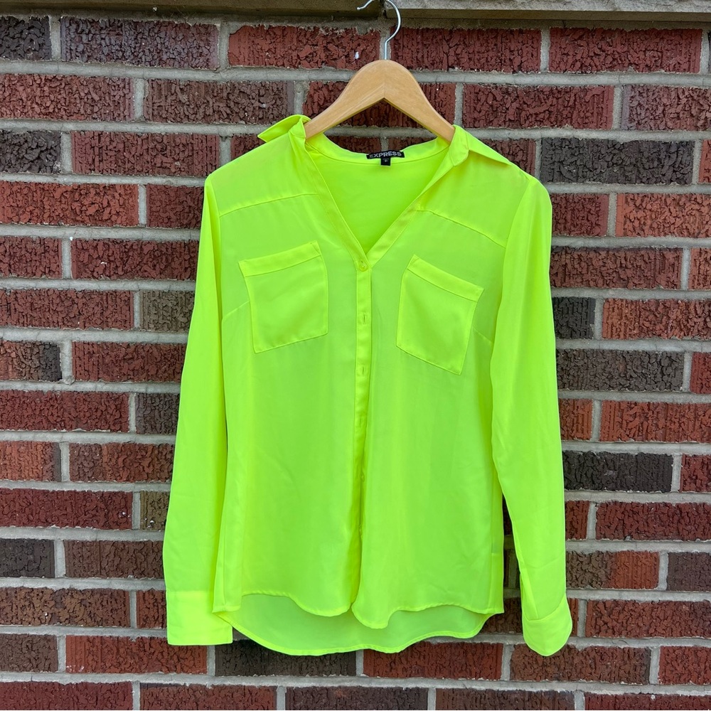 Express Neon Yellow Chiffon Collared Pocket Front Button Down Blouse Shirt Top